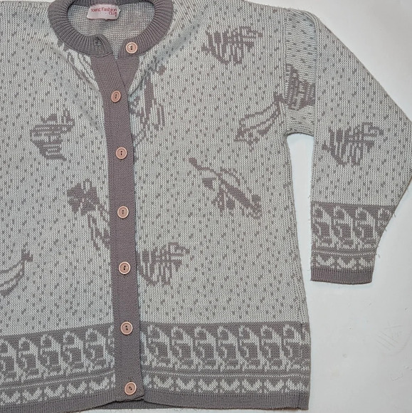 Vintage Young Fashion Club Knit Button Down Cardigan Pink Cream Grey Sweater L - Picture 7 of 9